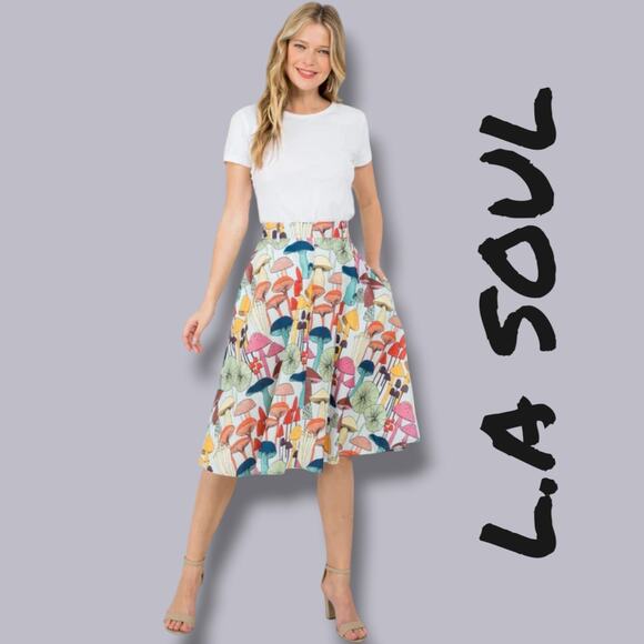 L.A Soul women's multicolor mushroom all-over print a-line swing midi skirt - Picture 8 of 8